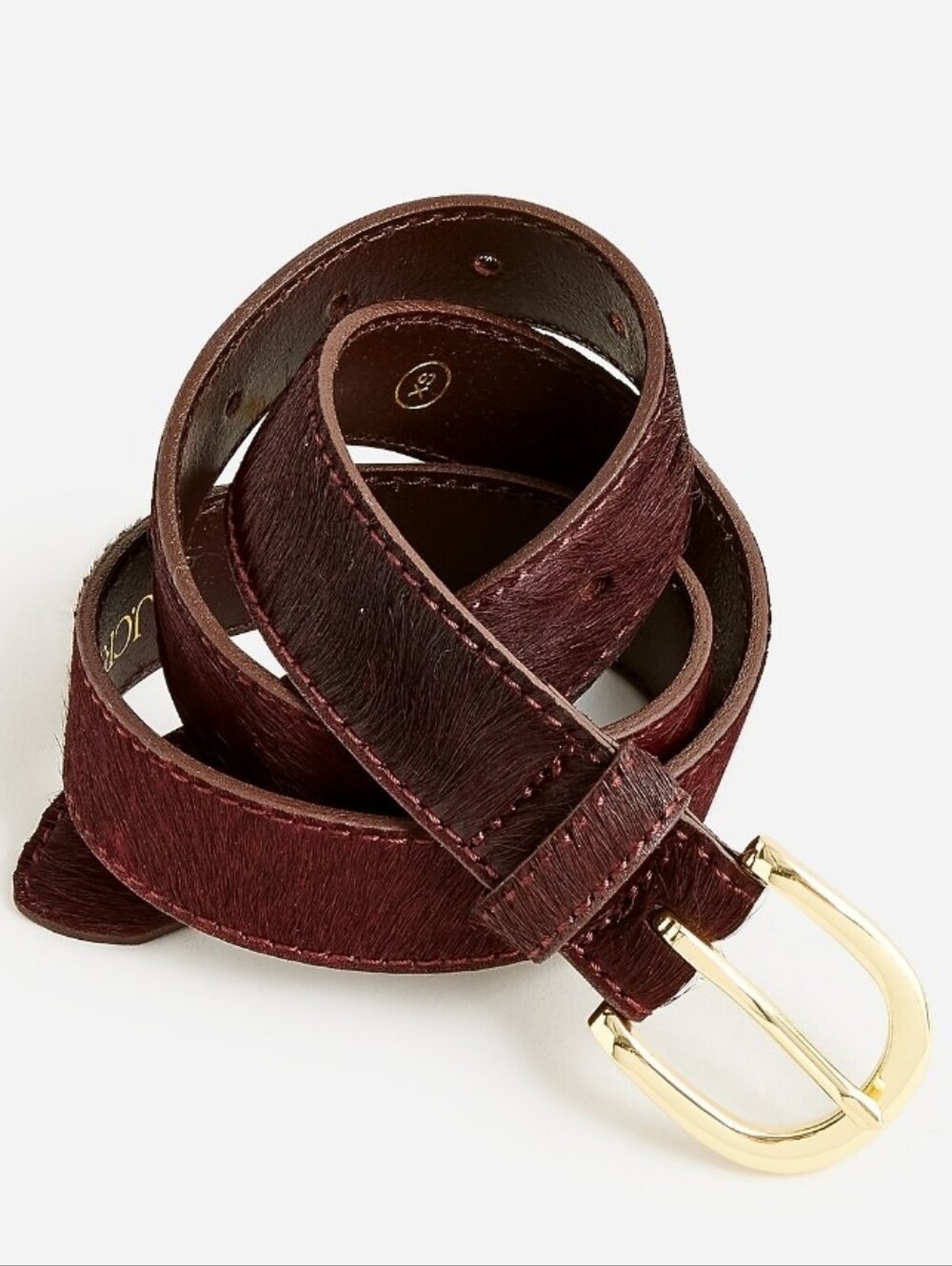 Women's J. Crew Dark Brown Dyed Haircalf Leather Belt with Gold Buckle Size Lg